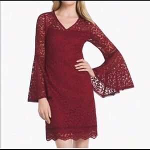 White House Black Market Red Lace Bell Sleeve Sheath Cocktail Dress Size Small
